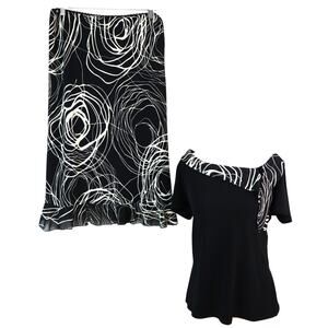 Believe Vintage 90s Y2K Black and Cream Skirt Set Ruffle Hen Boat Neck 12 Work